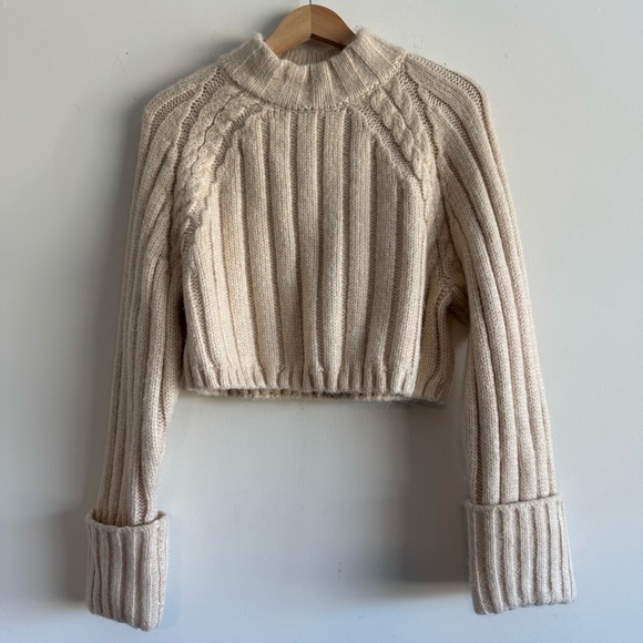 DH New York cream chunky knit mockneck cropped sweater size large - Picture 1 of 5